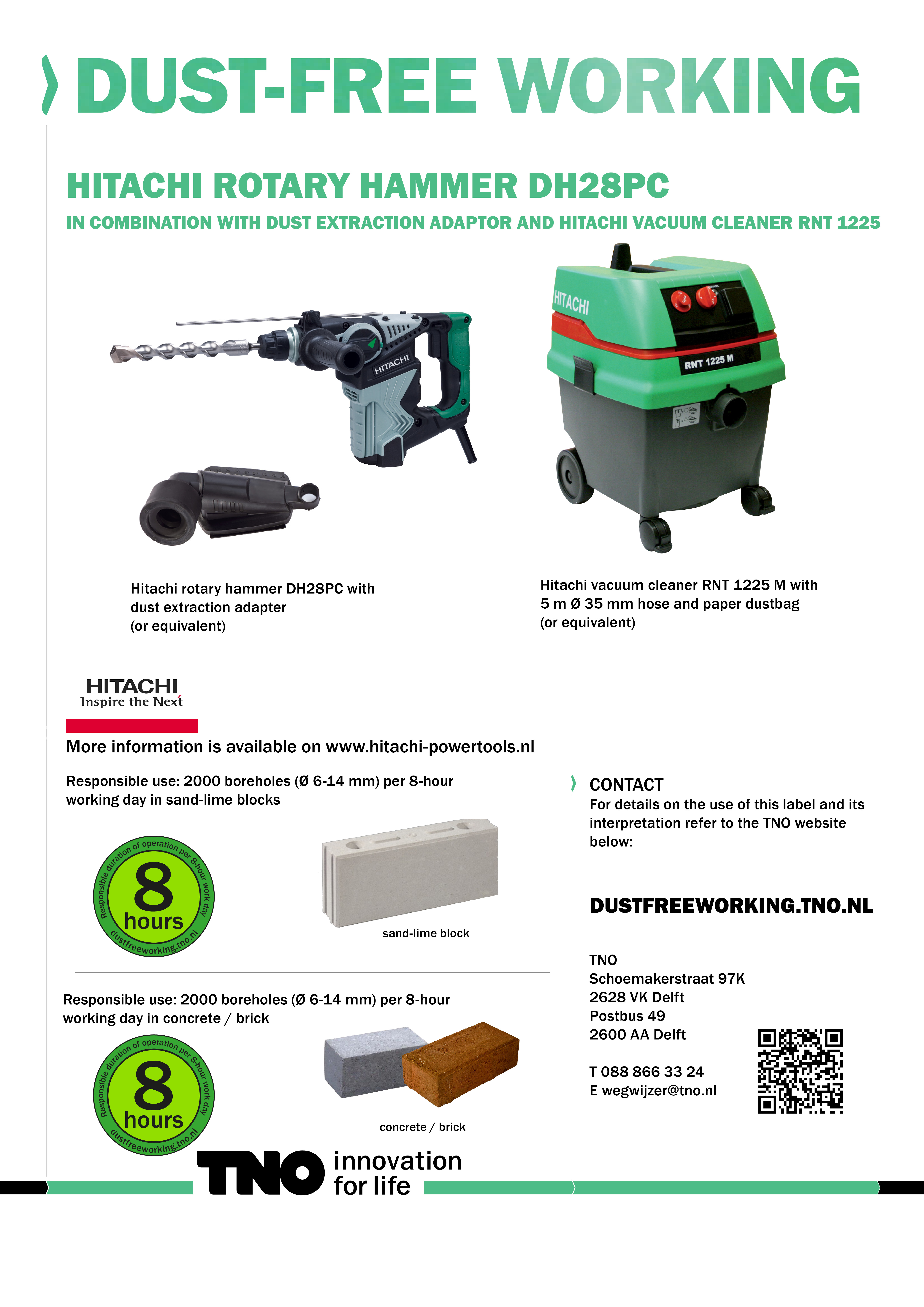 Hitachi combhamer DH28PC met afzuigadapter + stofzuiger RNT1225M