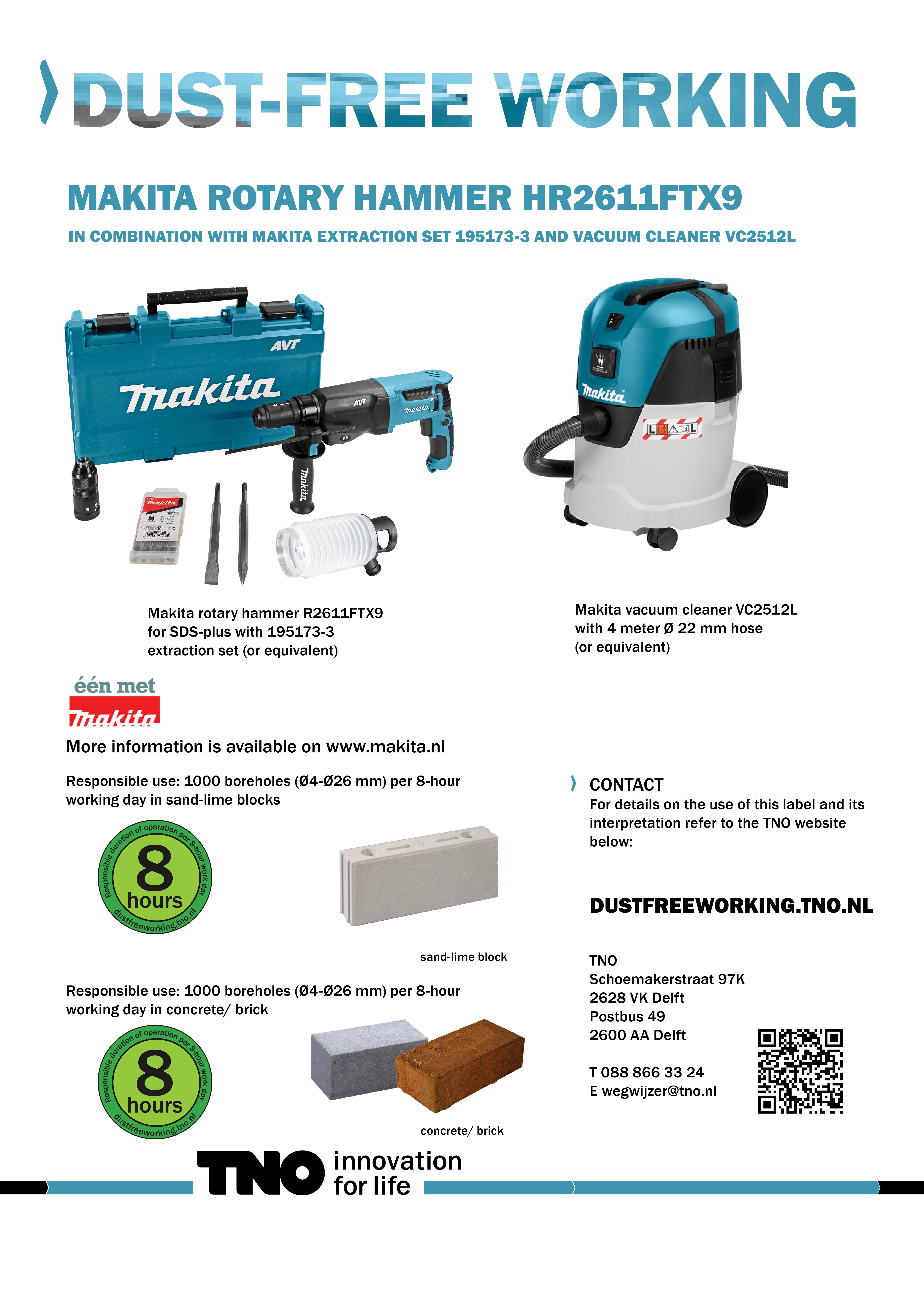 Categorie Klaar platform Makita rotary hammer HR2611FTX9 with Makita 195173-3 extraction set with  Makita vacuum cleaner VC2512L - TNO Stofvrij werken