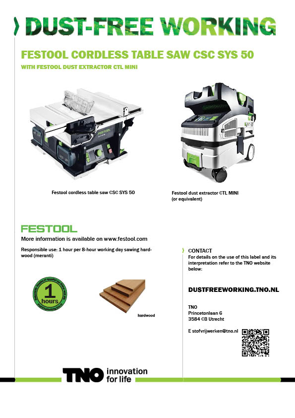 Festool cordless table saw CSC SYS 50 with Festool dust extractor CTL MINI